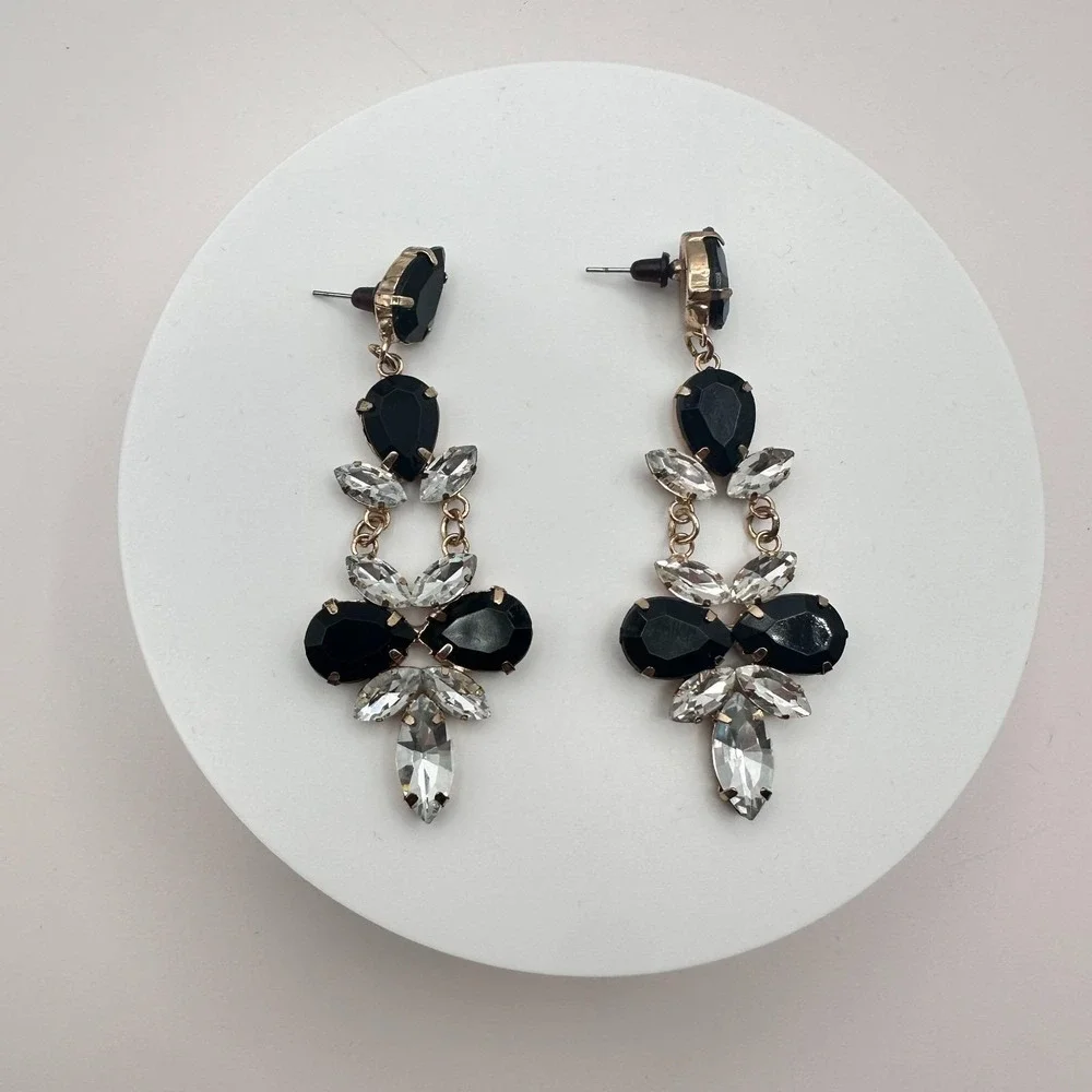 Vintage 90s Gold Tone Dangle Earrings Black &Clear Glass Women's Fashion Jewelry